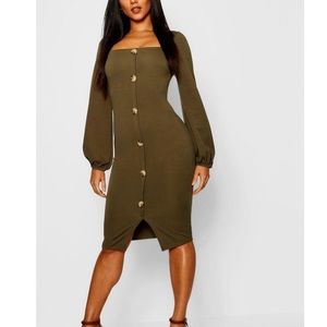 Button Dress Square Neck Olive Midi Boohoo